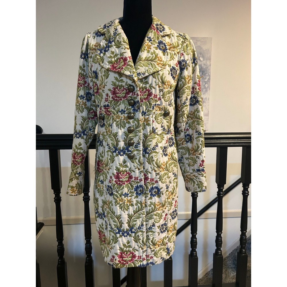 Ivy Jane Floral Tapestry Coat Cream Multi Button Front Mid Length Jacket M
